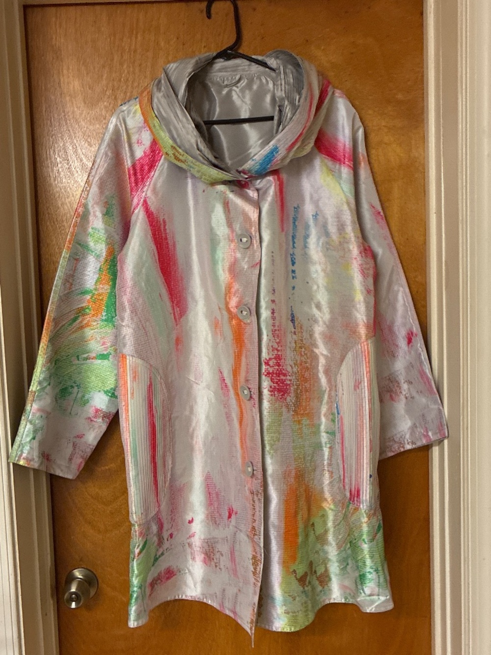UBU Reversible multi color Paint Splatter /Silver Rain Coat EUC